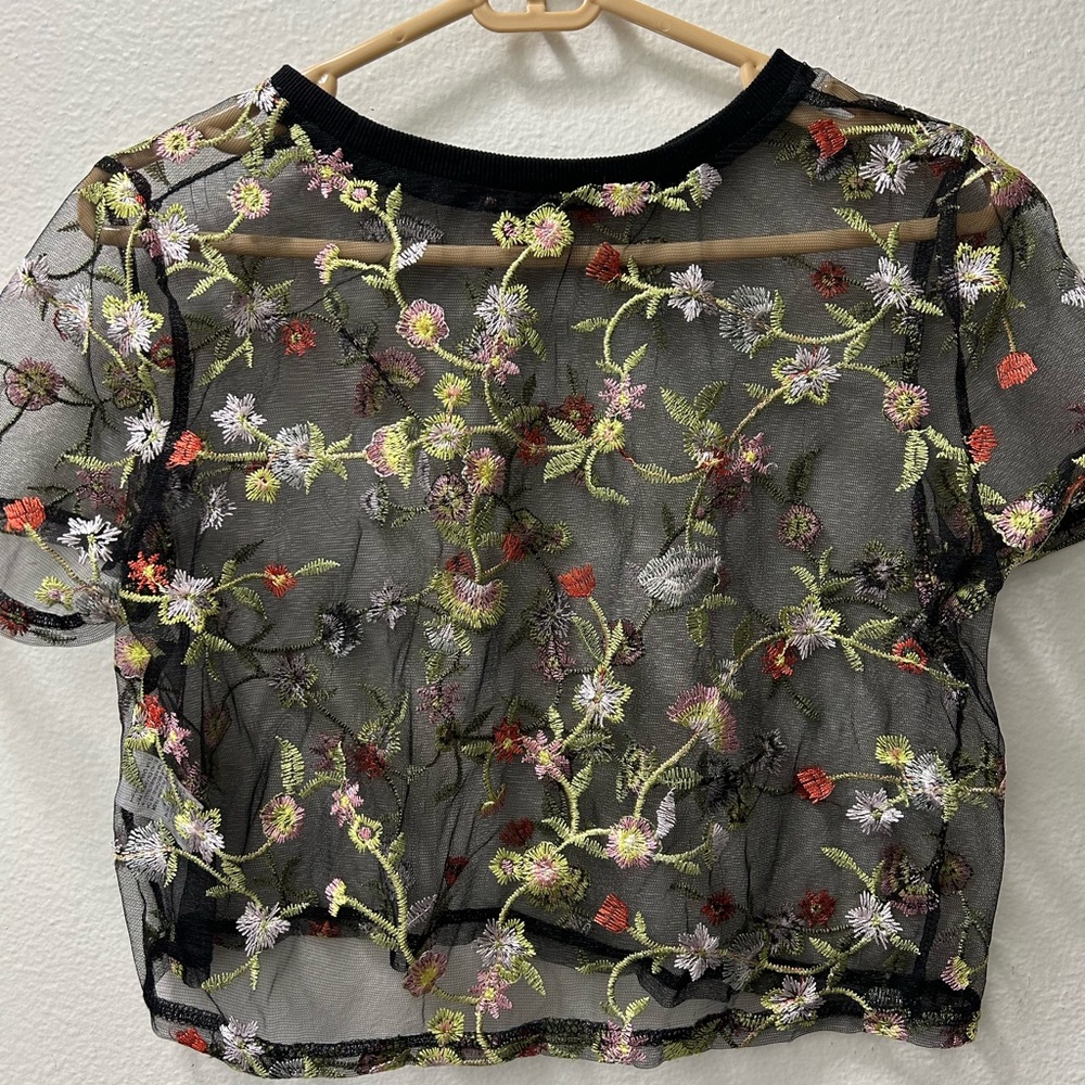 Floral Embroidered Sheer Black Top